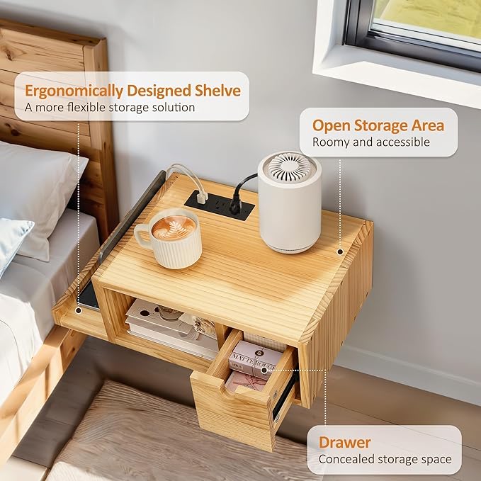 Afuly Floating Nightstand with Charging Station, Wall Mount Night Stand with Drawer Hanging Bedside Table End Table, Solid Wood Modern Side Table Shelf for Bedroom Natural Wooden Decor