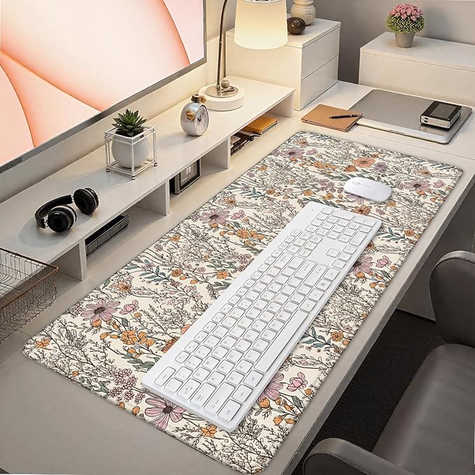 Vintage Rustic Wildflower Floral Large Mouse Pad 31.5x15.7inch, Retro Cottagecore Botanical Flower Large Extended Computer Desk Mat Mousepad for Keyboard and Mouse, Floral Desk Accessories