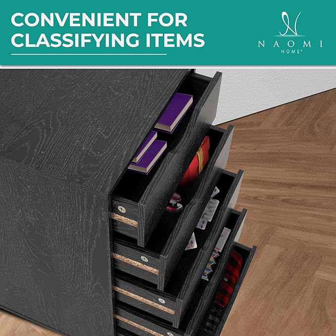 Naomi Home 5-Drawer Mobile Storage Cart Under Desk - Rolling Organizer with Lockable Wheels, Distressed Black Engineered Wood for Dorm Office Apartment, 15.7 x 15.7 x 26 Inches