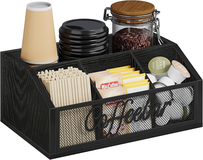 YINMIT Coffee Station Organizer for Countertop, Wood Coffee Bar Organizer with Removable Dividers for Pods, Syrup, Cups, Stirrer, Tea - Office Bar Accessories, Black