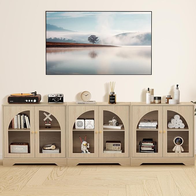 Farmhouse Floor Storage Cabinet with Arched Acrylic Door, 27" Short Accent Display Sideboard Buffet Cabinet with Adjustable Shelf for Living Room, Bathroom, Kitchen Coffee Bar (Natural)