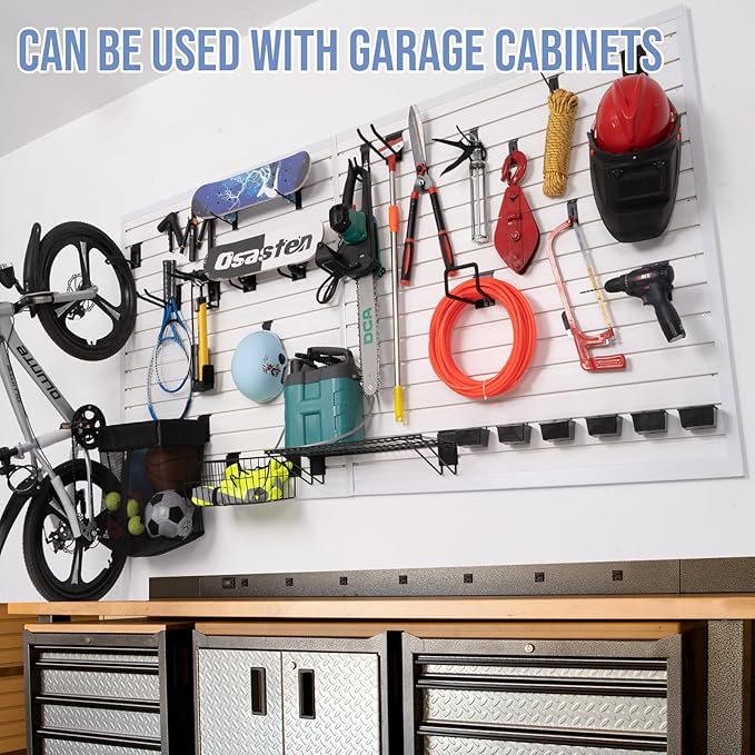 Slatwall Panels 4'x 2' Garage Slat Wall Storage Systems, Slat Wall Paneling Garage Wall Organizer, White Slat Board PVC Wall Panels Slatwall Displays Garage Tool Organizer Wall Mount Ladder Bike Rack