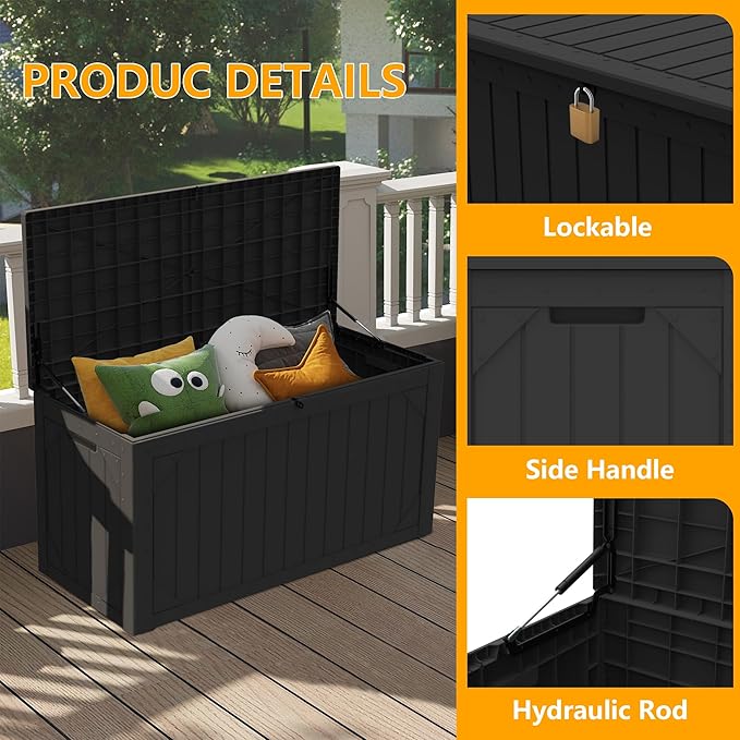 100 Gallon Outdoor Storage Box Waterproof,Resin Deck Box Storage Bin for Cushion Patio Furniture, Pool Accessories, and Garden Tools, Lockable & UV-Resistant, Black