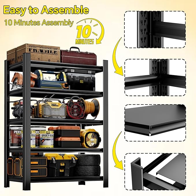 CJF Adjustable Garage Storage Shelves, 5-Tier Garage Shelving Heavy Duty, Metal Industrial Utility Shelf for Warehouse, Kitchen, Laundry Room,Warehouse-Black (71 "H x 47" W x 20" D)