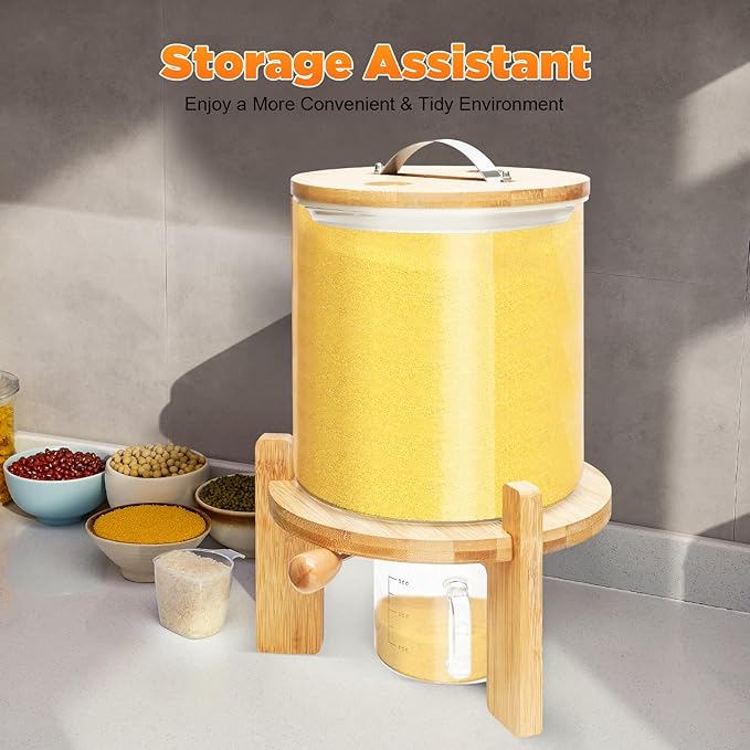 1.32gal Glass Rice Dispenser with Wooden Stand Flour and Cereal Container with Glass Measuring Cup Pantry Food Organization Storage Bin with Airtight Bamboo Lid for Coffee Beans Dry Food