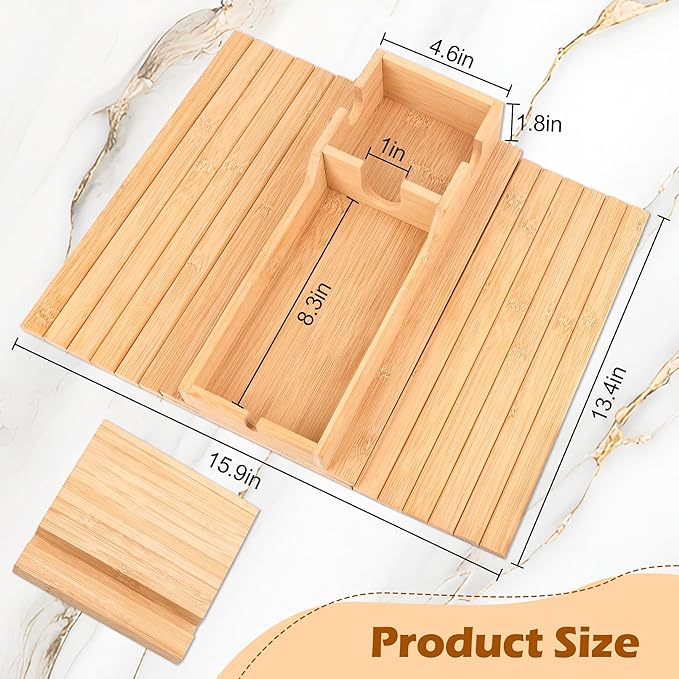 13.4" x 4.6" Couch Armrest Table, Foldable Bamboo Tray with Cup Holder Sofa Arm Tray Multi-Functional Stand, Used to Hold Water Cups, Mobile Phones and Remote Controls