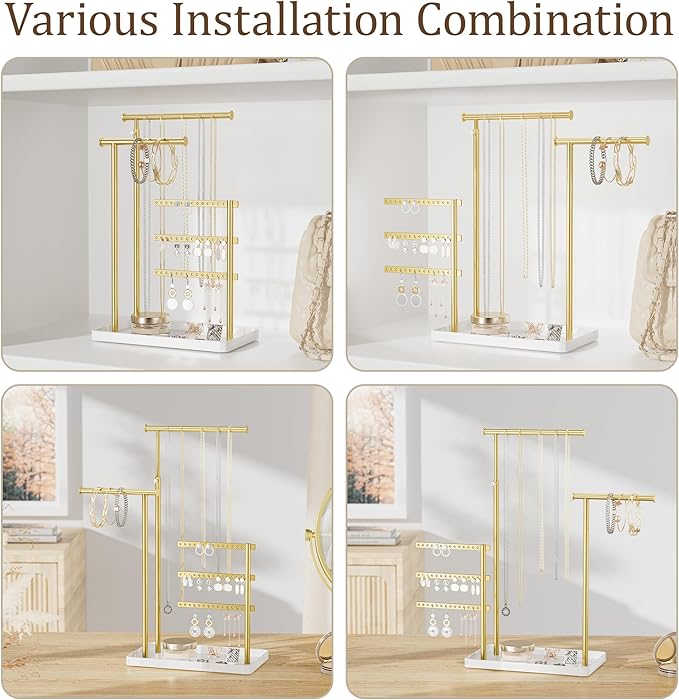 Jewelry Holder Organizer Stand - Adjustable Tall 17.5" (Max), Sturdy Jewelry Hanger for Necklaces, Earrings, Bracelets, Rings, Jewlery Display and Storage, Gold and White, Metal