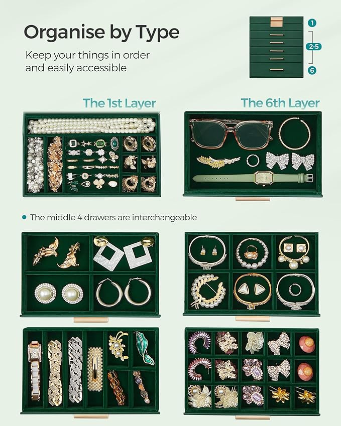 SONGMICS Jewelry Box Organizer with Glass Lid, 6-Layer Jewelry Storage, with 5 Drawers, Modern Style, Christmas Gift, 6.4 x 9.9 x 11.4 Inches, Forest Green and Gold Color UJBC171C01