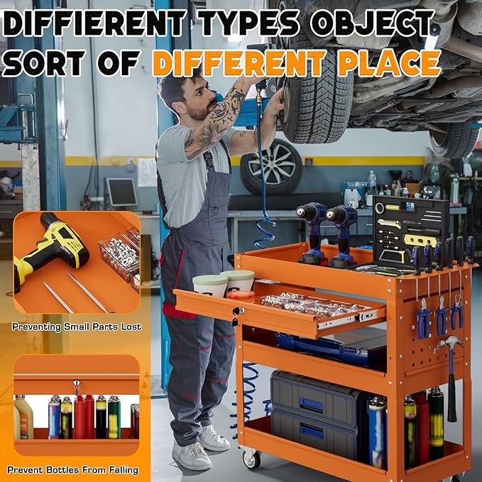 3 Tier Tool Cart on Wheels with Drawers - Three Tier Rolling Cart with Lockable Storage - Mechanic Tool Chest - Tool Chest with Wheels Used in Garage, Indoors, Workshop (Orange)