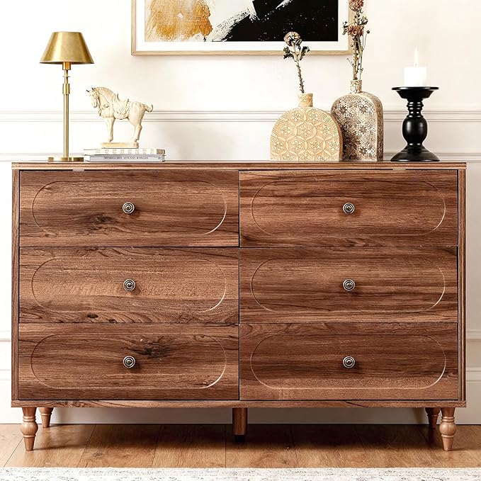 6 Drawer Dresser for Bedroom, 47" Wide Mid-Century Chest of Drawers with Solid Wood Legs, Dark Walnut Wood Dresser with 6 Storage Drawers for Bedroom, Living Room, TV Stand