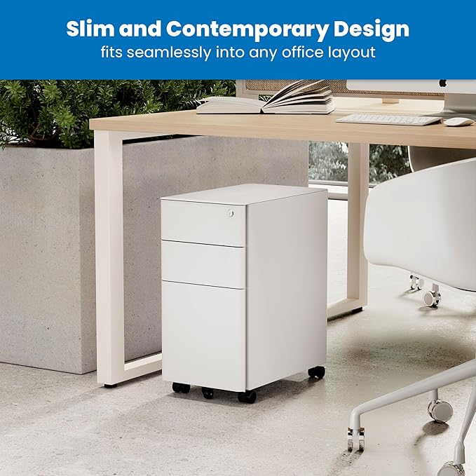 Mount-It! Slim Rolling Under Desk Cabinet, Mobile Filing Cabinet with 3 Drawers and Lock for Home & Office File Storage, White