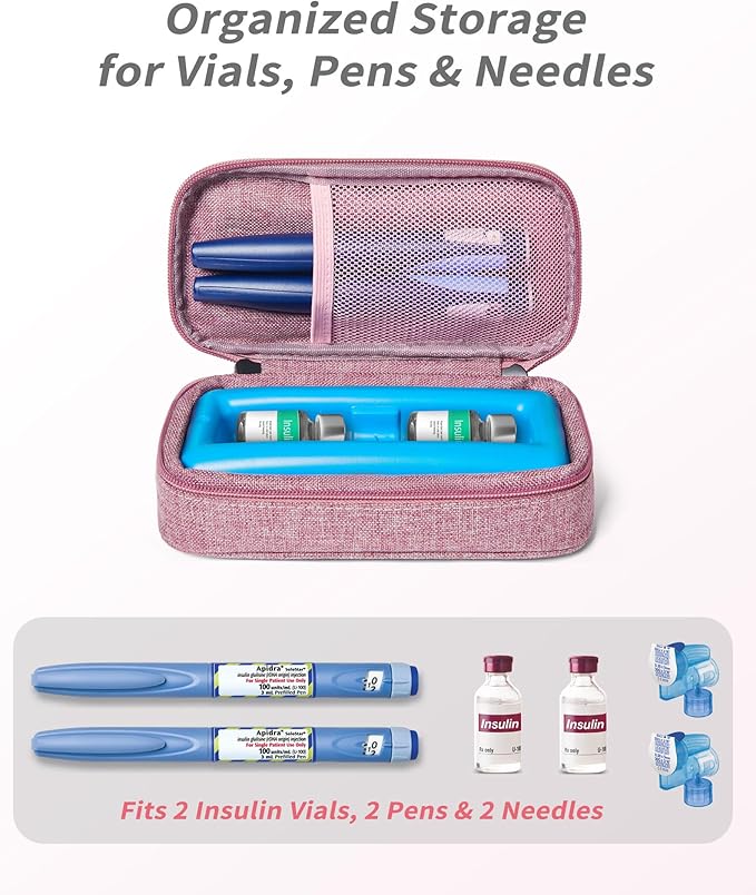 Insulin Vial Cooler Travel Case TSA Approved 300g Reusable Ice Brick Insulin Pen Case Holds 2 Pens and 2 Vials Long Lasting Medicine Cooler for Travel Camping and Outdoor Activities (Red)
