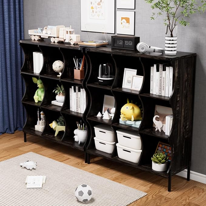 9 Cube Storage Shelf Organizer, Low Book Shelf Bookcase Entryway Table, Wood Closet Storage Display Cabinet TV Stand for Living Room, Office,Bedroom, Dorm, Dark Brown with Dark Brown Top