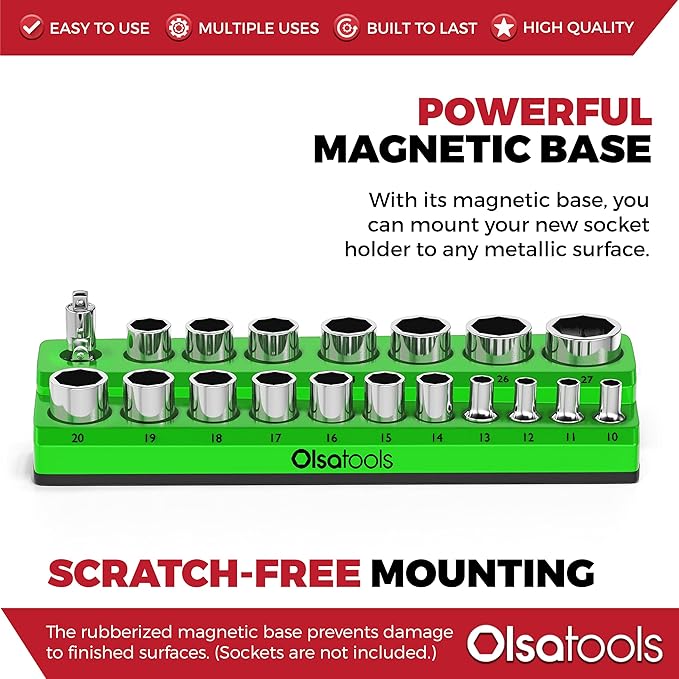 Olsa Tools Magnetic Socket Holder | 1/2-inch Drive | Metric | Green | Holds 19 Sockets | Professional Quality Tools Organizer