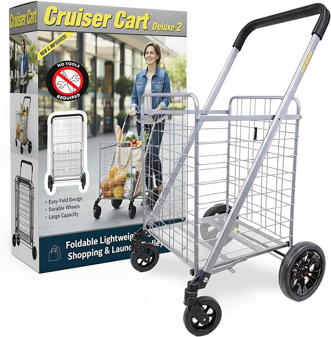 dbest Products Cruiser Cart Deluxe 2 - Foldable Shopping Cart with Wheels for Groceries - Heavy Duty Utility Cart with Brake System - Collapsible Laundry Cart - USA Designed - Holds 100 lbs - Silver