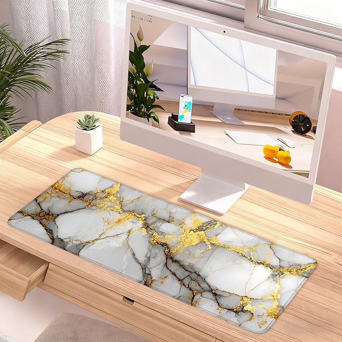 White Marble Mouse Pad – Large Extended Desk Mat 31.5 x 11.8 in– Elegant Gold Vein Design, Non-Slip Rubber Base, Waterproof Surface, Keyboard & Mouse Pad for Office, Gaming, Home Decor