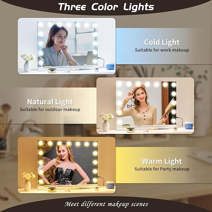 Vanity Mirror with Lights Lighted Makeup Mirror with 15 Dimmable LED Bulbs,3 Color Lighting Modes,USB Charging Port Touch Control,Sturdy Metal Frame Design 24x18 Inch,White