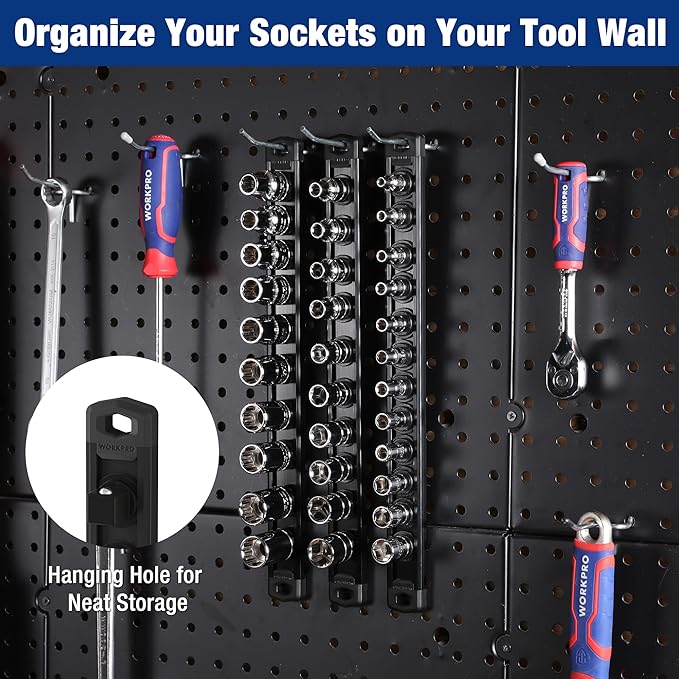 WORKPRO Magnetic Socket Organizer, 1/4-Inch Drive Aluminum Alloy Socket Rail, Heavy Duty Socket Holder, Socket Rack Kit 1/4-Inch x 12 Clips Black (Socket not Included)