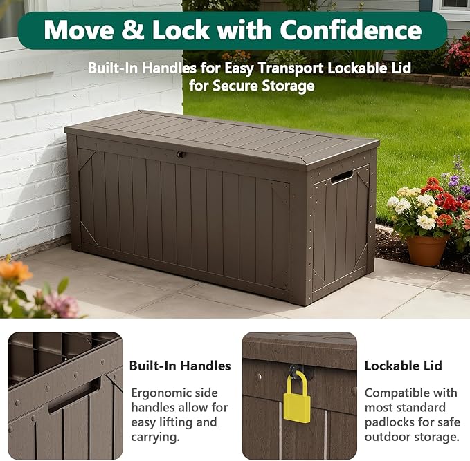 Outdoor Storage Box, 100 Gallon Deck Box Outdoor Storage Bench Outside Waterproof Resin Storage Bench, Lockable Patio Cushions, Garden Tools Storage For Furniture, UV Resistant(Brown)