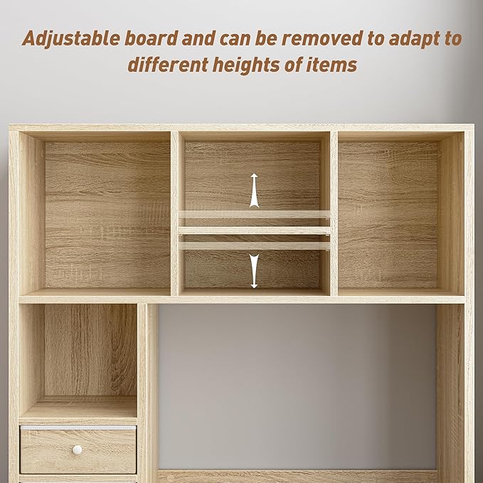 REIBII Desktop Bookshelf, High-Capacity Desk Hutch Organizer with 7 Shelves and 2 Drawers, Adjustable Bookshelf Storage, Desk Shelf for Top of Desk, Desk Hutch Dorm, Natural