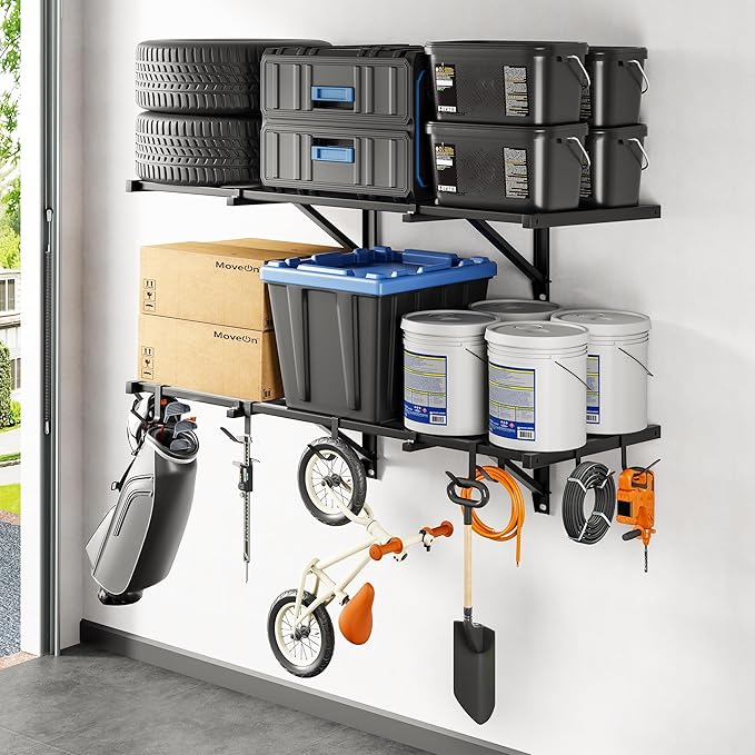 FLEXIMOUNTS 2x4ft Heavy Duty Garage Wall Shelving, 2-Pack Garage Shelving Wall Mounted with 8 Hooks, 400lbs Capacity, Storage for Power Tools, Garden Supplies, Storage Bins, Lite Series