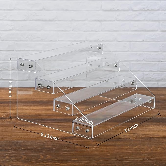 12" Acrylic Riser Display Stands - 4 Tier Clear Acrylic Display Shelf, Double Sided Usable, Makeup Organizer Perfume Organizer, Acrylic Shelves for Funko Pop Figures , Cupcake, Candy Food