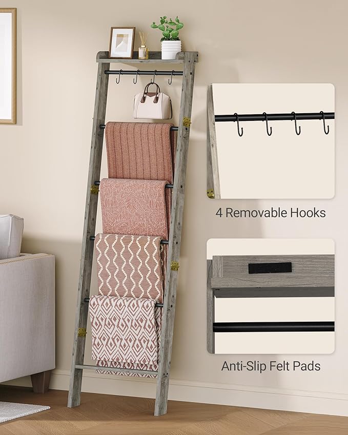 Blanket Ladder Shelf, Decorative Quilt Rack, 7-Tier Farmhouse Ladder Holder Organizer with 4 Removable Hooks, Greige BR36805B