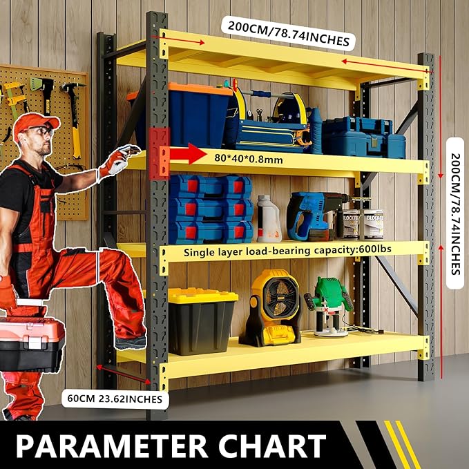 5000lbs78.74,Storage Shelves Garage Metal Shelving Heavy Duty Garage Shelves Adjustable Storage Shelves for Industrial, Factory,41" W X 19.6" D X 78.74" H (Yellow and Black, W78.7*D23.6*H78.7)