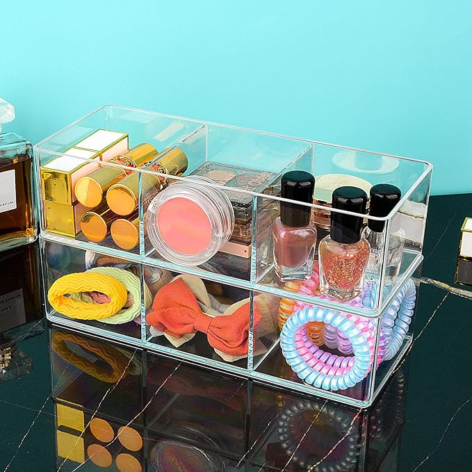 JessLab Acrylic Organizer, 2PK Cube Sections Makeup Organizer for Drawer, Makeup Organizer for Vanity, Countertop, Bathroom, Kitchen and Cabinet Storage(1+3 Compartment)