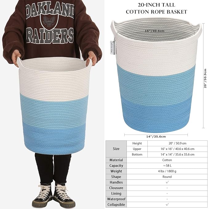 Sea Team Large Size Cotton Rope Woven Storage Basket with Handles, Laundry Hamper, Fabric Bucket, Drum, Clothes Toys Organizer for Kid's Room, 20 x 14 inches, Round Open Design, White & Blue