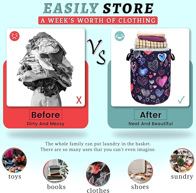 Hand Drawn Love Hearts Pattern Laundry Hamper With Handles Foldable Oxford Cloth Tote Bag Colorful Laundry Basket Clothes Toy Storage Bucket 18.9" x 16.5" For Bathroom/Laundry/Bedroom