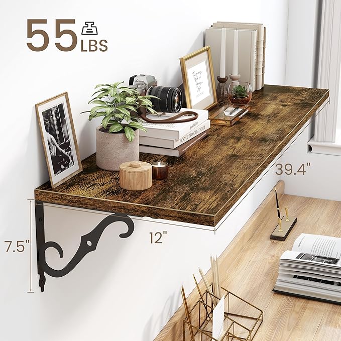 Fun Memories 40 Inch Floating Shelves Wall Mounted, 12 Inch Deep Wall Shelves with Bracket, Rustic Hanging Bookshelf, 40" Bookshelves for for Living Room, Kitchen and Bedroom, Rustic Brown, Set of 2