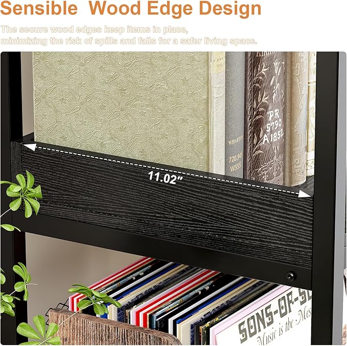 KOUSEI 6-Tier Corner Bookshelf, Reversible L-Shaped Bookcase with 4 Hooks, 69" Industrial Wood & Metal Storage Shelf for Living Room, Home Office & Bedroom, Black