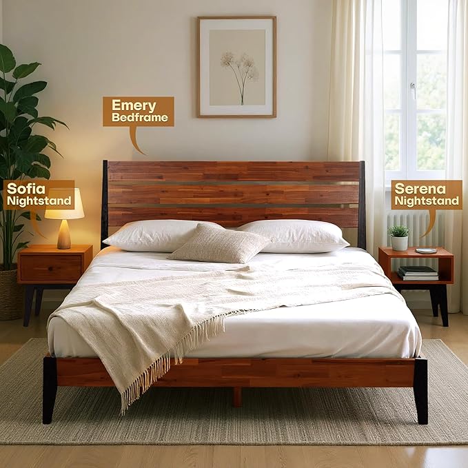 Acacia Serena Nightstand Solid Wood Nightstand with Open Storage Shelf, Wood Bedside Table, Night Stands for Bedroom - Americano