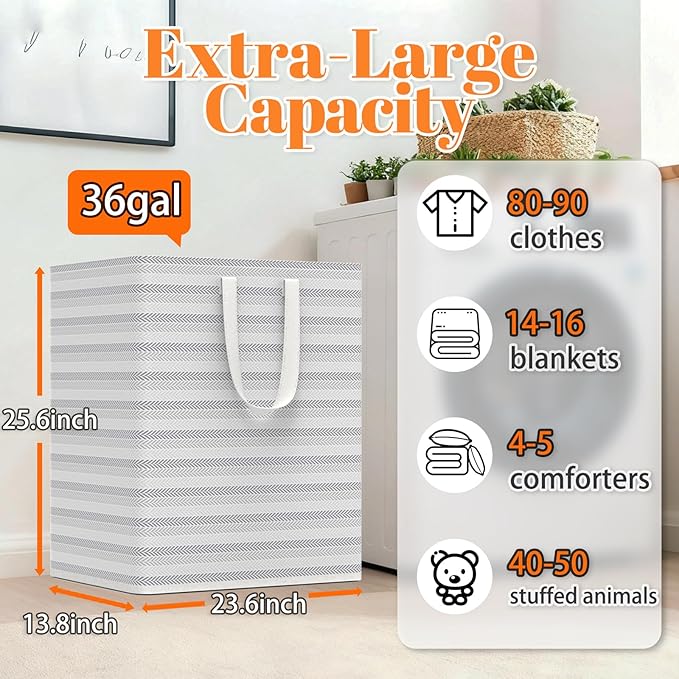 XXXL 36gal(136L) Large Laundry Basket, Laundry Hamper 2 Section with Reinforced Handles, Waterproof Collapsible Clothes Hamper for Bedroom Laundry Room Dorm Bathroom