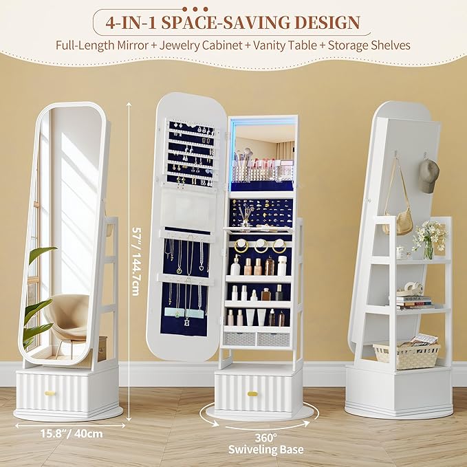 61" Full Length Mirror Jewelry Cabinet with Storage – Rotating, Lockable Jewelry Armoire with Velvet Lining, Standing Organizer for Women – Ideal Gift for Jewelry Storage & Display, White