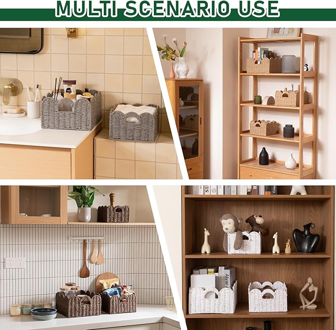 OIAHOMY Scalloped Wicker Baskets, Hand-woven Storage Baskets with Built-in Handles, Paper Rope Shelf Baskets for Organizing and Decoration, Set of 3-Brown