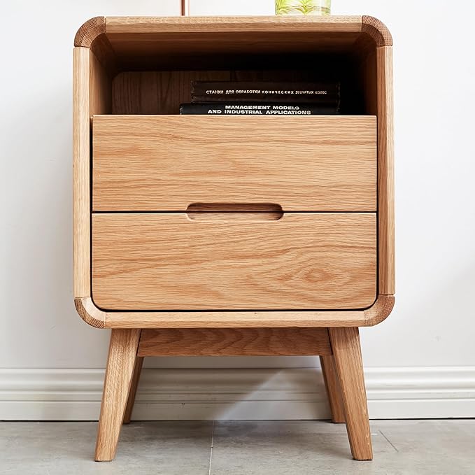 Rainbow Home Bergan Nightstand with 2 Drawers & Open Shelf, 100% Solid Oak Wood, Mid Century Modern Bedside Table for Small Spaces, Practical Storage for Bedroom