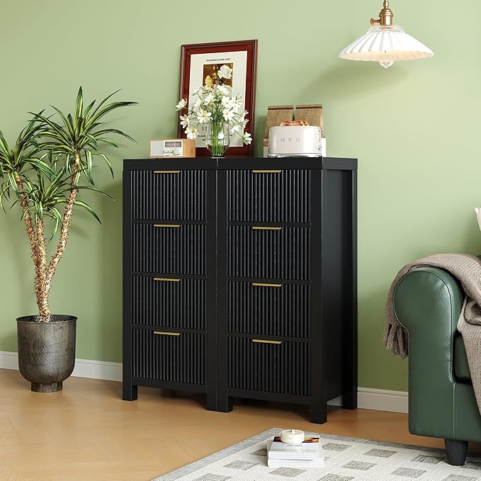 Tall Mid-Century Dresser with 4 Large Drawers, Black Wood Storage Cabinet with Metal Handles for Entryway, Bedroom, or Office