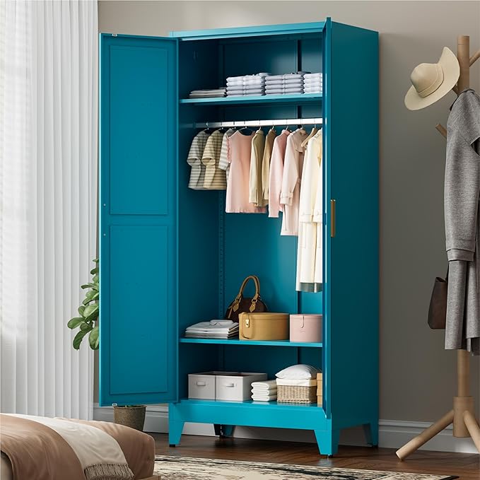 71" Tall Metal Wardrobe Closet with Adjustable Shelves and Hanging Rod, 2 Doors Free Standing Armoire Wardrobe Cabinet for Bedroom, Office, Laundry Room, Blue