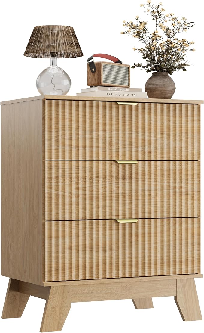 Natural Oak Night Stand with 3 Drawers, Bedside Table & End Table, 24" Wide Mid Century Modern Fluted Wood Nightstand with Metal Handles, Farmhouse Night Stands for Bedroom