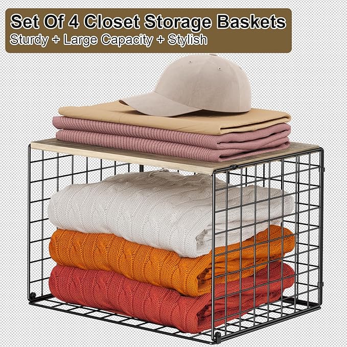 4PCS Wider Closet Organizers and Storage, Stackable Closet Shelf Organizer Storage Bins with Wood Top for Sweaters Jeans, Clothes Organizer Shelves for Wardrobe System Rack, Space-Saving,Sturdy Metal
