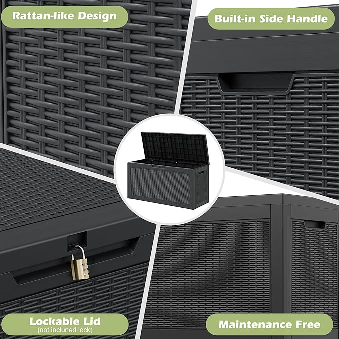 Outdoor Storage Box, Resin Deck Boxes Indoor and outdoor, Waterproof Storage Box Lockable Lid (Black, 60 Gallon)