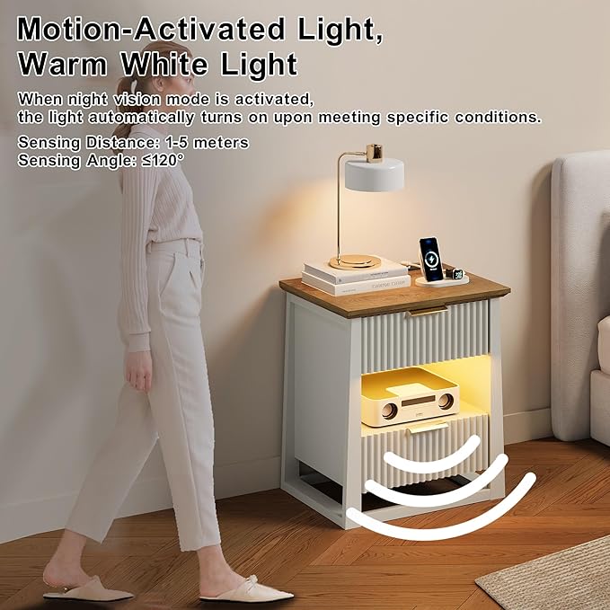 HIFYOBRO Fluted Nightstands with Charging Station & Motion Sensor Light, Modern Bedside Tables with 2 Drawers and Storage Shelf for Bedroom, White
