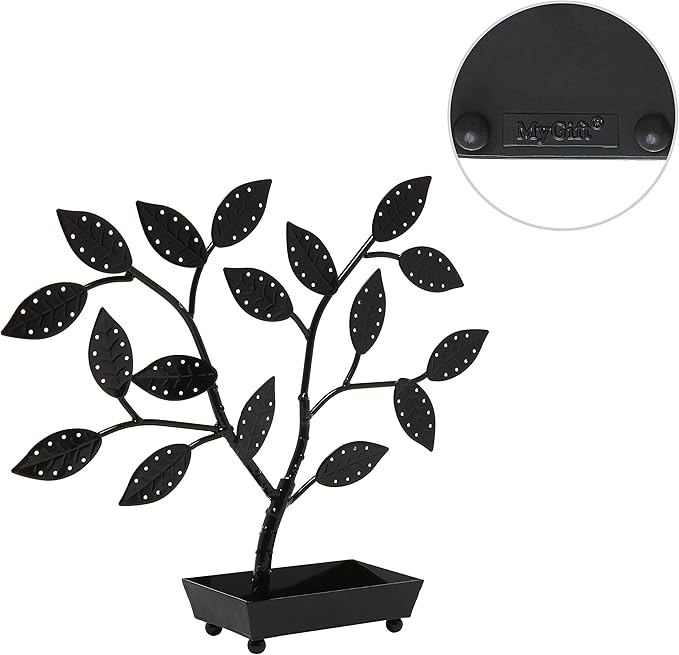MyGift Jewelry Tree w/Bird Nest 48 pair Earrings Holder, Bracelets/Necklace Organizer Stand (Black Metal)