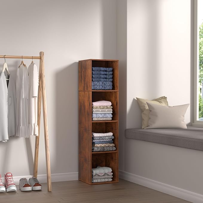 4 Cube Storage Organizer, 4 Tier Cube Bookcase Freestanding Storage Display Organizer for Home Office, Four Cubes Open Shelf Bookshelf(Retro Brown, 4 Cube)