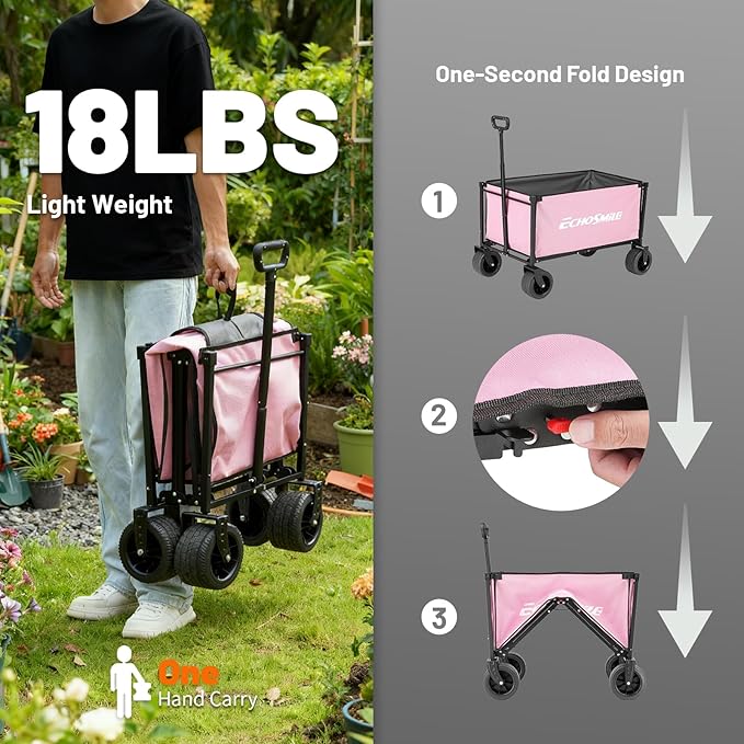 EchoSmile Collapsible Wagon Cart for Camping & Beach - Heavy Duty 400lbs Capacity All-Terrain Cart with Wide Wheels, Portable Folding Utility Wagon for Grocery, Garden, Sports,Pink&Gray