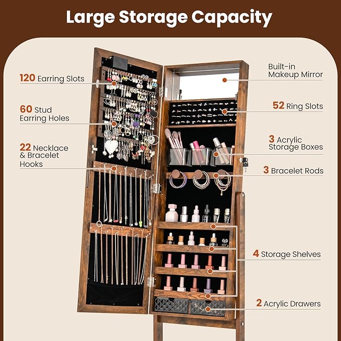 Giantex Standing Jewelry Armoire with Lighted Full Length Mirror, Lockable Jewelry Cabinet Organizer with 20 LED Lights, Adjustable Tilt, Large Storage for Earrings, Rings, Necklaces, Rustic Brown