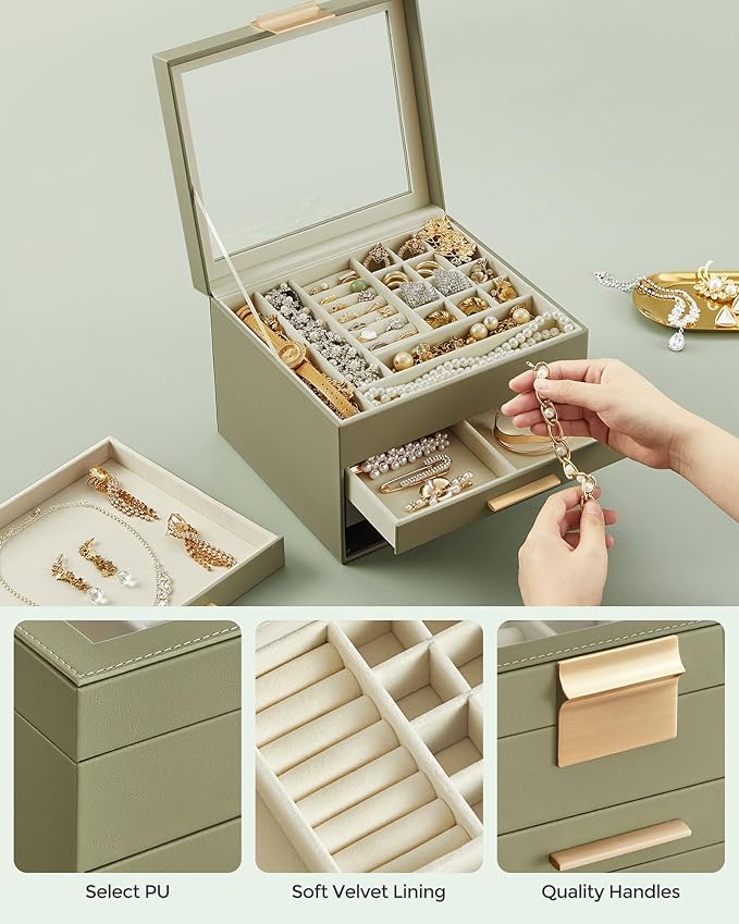 SONGMICS Jewelry Box Organizer with Glass Lid, 4-Layer Jewelry Storage, with 3 Drawers, Modern Style, Christmas Gift, 8 x 9.1 x 6.5 Inches, Avocado Green and Gold Color UJBC173C02