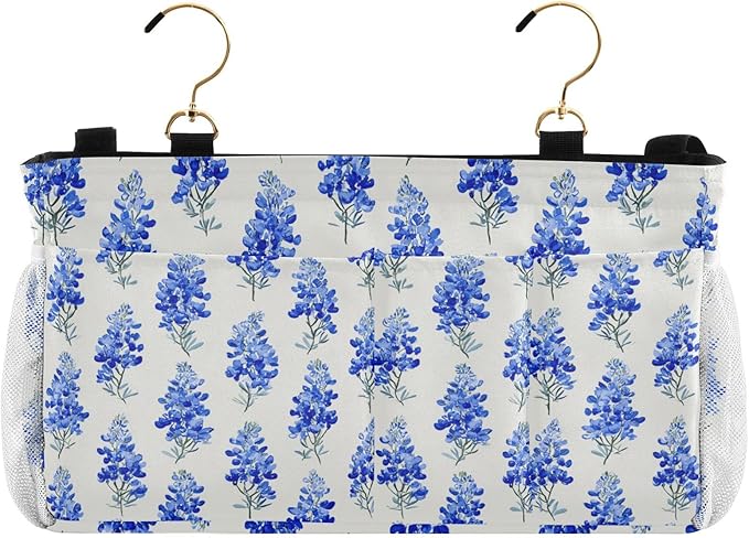 Watercolor Bluebonnets Bedside Caddy for Dorm Bed Bedside Hanging Caddy Bag Iron Frame Storage Organizer Pocket for Bunk Home College Hospital Beds 2 Hooks